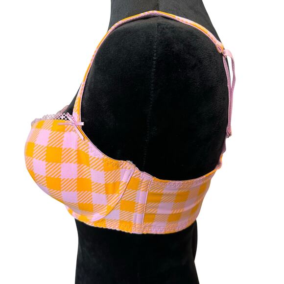 NWT Savage X Fenty Gingham Remix Unlined Plunge Bra 36DD – Orange Pink Plaid - Picture 3 of 7